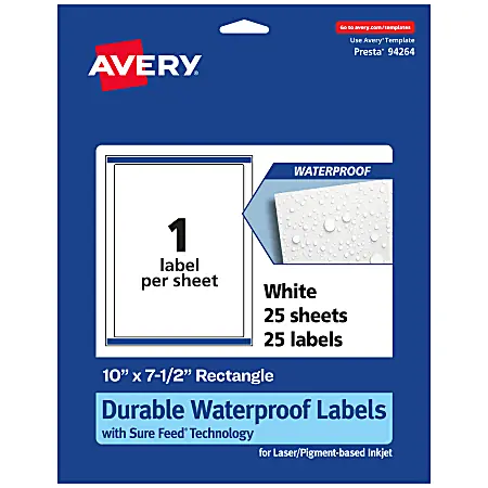 Avery&reg; Waterproof Permanent Labels With Sure Feed&reg;, 94264-WMF25, Rectangle, 10" x 7-1/2", White, Pack Of 25 Affordable