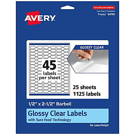 Seasonal Sale Avery&reg; Glossy Permanent Labels With Sure Feed&reg;, 94749-CGF25, Barbell, 1/2" x 2-1/2", Clear, Pack Of 1,125