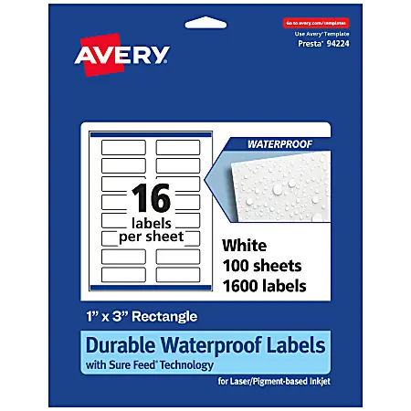 Avery&reg; Waterproof Permanent Labels With Sure Feed&reg;, 94224-WMF100, Rectangle, 1" x 3", White, Pack Of 1,600 Limited Edition
