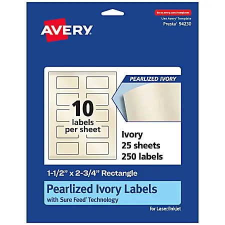 Avery&reg; Pearlized Permanent Labels With Sure Feed&reg;, 94230-PIP25, Rectangle, 1-1/2" x 2-3/4", Ivory, Pack Of 250 Labels Time-Limited