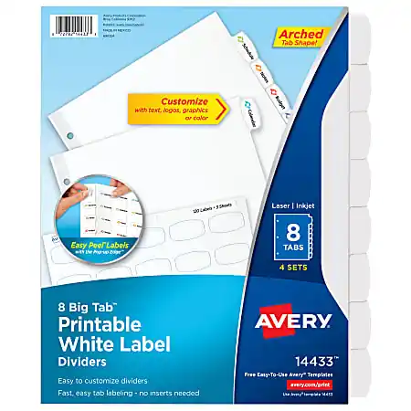Avery&reg; Easy Peel&reg; Pop-up Edge&reg; Label Dividers, 8 1/2" x 11", 8-Tab, White, Pack Of 4 Direct From Manufacturer