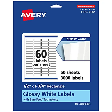 Weekend Sale Avery&reg; Glossy Permanent Labels With Sure Feed&reg;, 94204-WGP50, Rectangle, 1/2" x 1-3/4", White, Pack Of 3,000