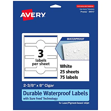 Avery&reg; Waterproof Permanent Labels With Sure Feed&reg;, 94117-WMF25, Cigar, 2-3/8" x 8", White, Pack Of 75 While Supplies Last