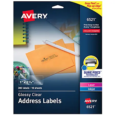 Avery&reg; Glossy Permanent Labels, 6521, Mailing, 1" x 2 5/8", Clear, Pack Of 300 Professional Grade