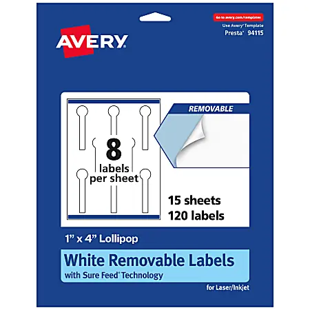 Avery&reg; Removable Labels With Sure Feed&reg;, 94115-RMP15, Lollipop, 1" x 4", White, Pack Of 120 Labels Direct From Factory