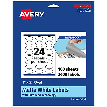 Avery&reg; Print-To-The-Edge TrueBlock&reg; Labels With Sure Feed&reg;, 94053-TWMP100, Oval, 1" x 2", Matte White, Pack Of 2400 Save Now