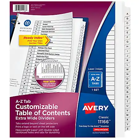 Best Seller Avery&reg; Extra-Wide A-Z Tab With Customizable Table of Contents Dividers For 3 Ring Binders, 9-1/4" x 11", 26 Tab, White, 1 Set