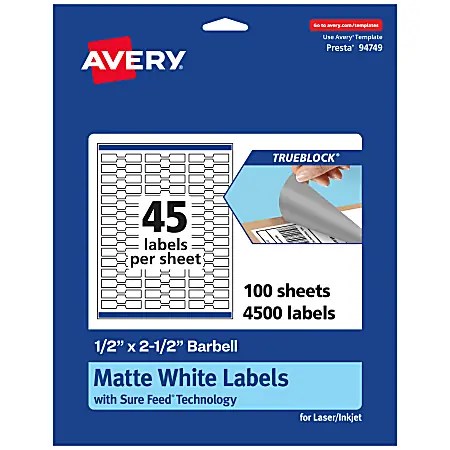 Avery&reg; TrueBlock&reg; Labels With Sure Feed&reg;, 94749-TWMP100, Barbell, 1/2" x 2-1/2", Matte White, Pack Of 4500 Genuine