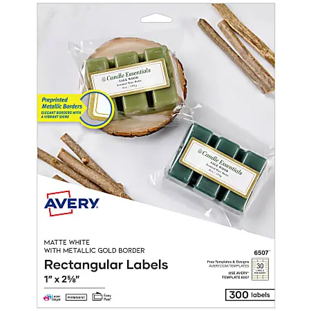 Limited Offer Avery&reg; Printable Labels With Metallic Border, Rectangle, 1" x 2-5/8", Matte White, Pack Of 300