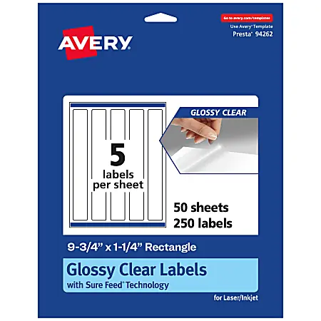 Avery&reg; Glossy Permanent Labels With Sure Feed&reg;, 94262-CGF50, Rectangle, 9-3/4" x 1-1/4", Clear, Pack Of 250 Affordable