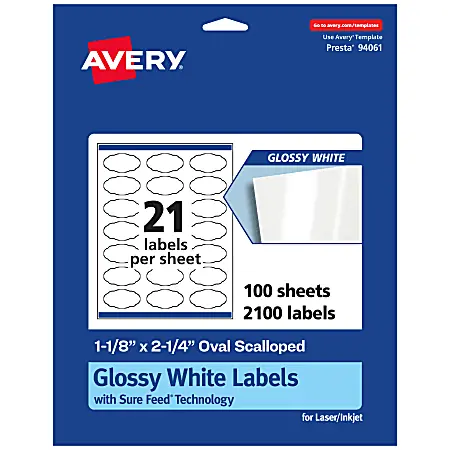 Avery&reg; Glossy Permanent Labels With Sure Feed&reg;, 94061-WGP100, Oval Scalloped, 1-1/8" x 2-1/4", White, Pack Of 2,100 Fast Shipping