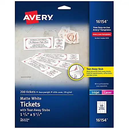 Avery&reg; Printable Tickets, 1 3/4" x 5 1/2", White, Pack Of 200 Tickets Exclusive