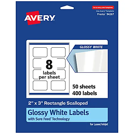 Don’t Miss Out Avery&reg; Glossy Permanent Labels With Sure Feed&reg;, 94267-WGP50, Rectangle Scalloped, 2" x 3", White, Pack Of 400