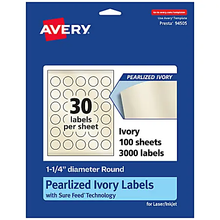 Avery&reg; Pearlized Permanent Labels With Sure Feed&reg;, 94505-PIP100, Round, 1-1/4" Diameter, Ivory, Pack Of 3,000 Labels Exclusive Offer
