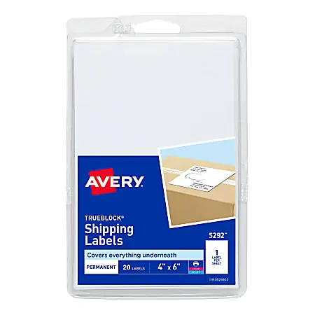Avery&reg; Permanent Shipping Labels with TrueBlock&reg; Technology, 5292, 4" x 6", White Pack Of 20 Fast Shipping