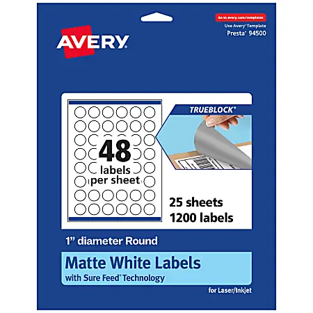 Avery&reg; Print-To-The-Edge TrueBlock&reg; Labels With Sure Feed&reg;, 94500-TWMP25, Round, 1", Matte White, Pack Of 1200 Sale