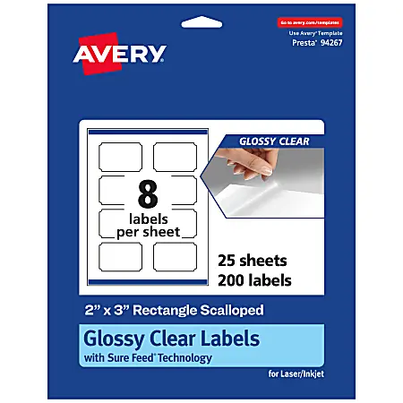 Order Now Avery&reg; Glossy Permanent Labels With Sure Feed&reg;, 94267-CGF25, Rectangle Scalloped, 2" x 3", Clear, Pack Of 200