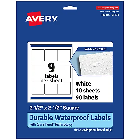 Top Rated Avery&reg; Waterproof Permanent Labels With Sure Feed&reg;, 94104-WMF10, Square, 2-1/2" x 2-1/2", White, Pack Of 90
