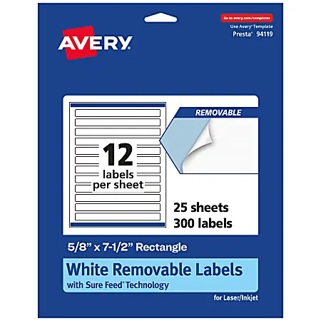 Avery&reg; Removable Labels With Sure Feed&reg;, 94119-RMP25, Rectangle, 5/8" x 7-1/2", White, Pack Of 300 Labels Top Pick