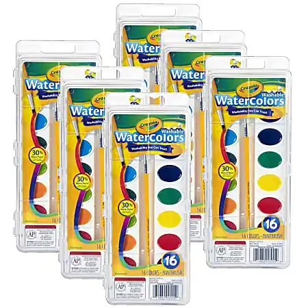 Limited Offer Crayola&reg; Watercolor Set, 1 Oz, Assorted Colors, 16 Paints Per Set, Pack Of 6 Sets