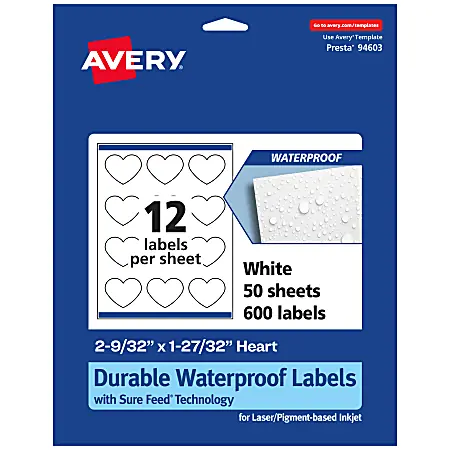 Avery&reg; Waterproof Permanent Labels With Sure Feed&reg;, 94603-WMF50, Heart, 2-9/32" x 1-27/32", White, Pack Of 600 Direct From Manufacturer