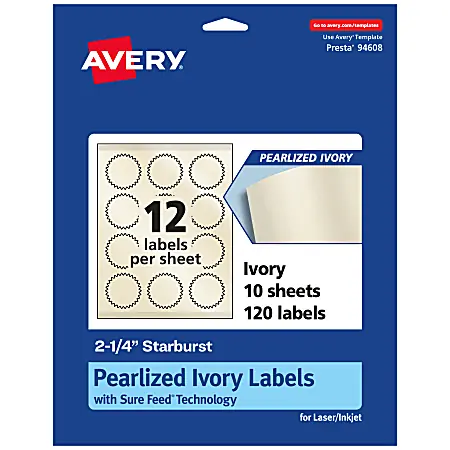 Avery&reg; Pearlized Permanent Labels With Sure Feed&reg;, 94608-PIP10, Starburst, 2-1/4", Ivory, Pack Of 120 Labels Get Yours