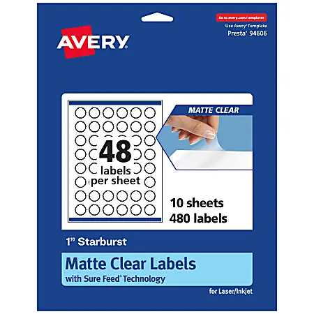 Latest Avery&reg; Permanent Labels With Sure Feed&reg;, 94606-CMF10, Starburst, 1", Matte Clear, Pack Of 480