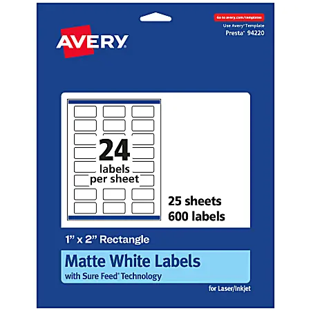 Avery&reg; Permanent Labels With Sure Feed&reg;, 94220-WMP25, Rectangle, 1" x 2", White, Pack Of 600 Original