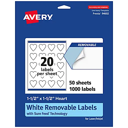 Avery&reg; Removable Labels With Sure Feed&reg;, 94602-RMP50, Heart, 1-1/2" x 1-1/2", White, Pack Of 1,000 Labels While Supplies Last