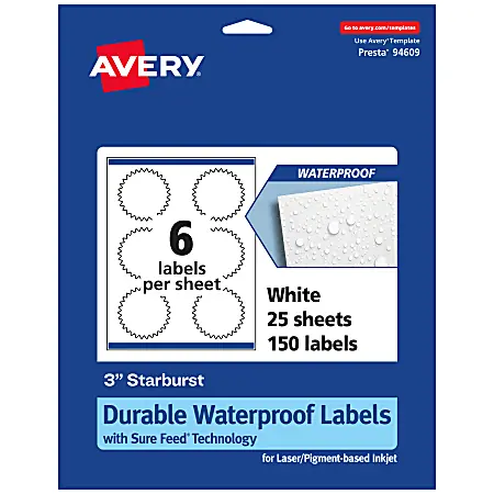 Best Price Avery&reg; Waterproof Permanent Labels With Sure Feed&reg;, 94609-WMF25, Starburst, 3", White, Pack Of 150