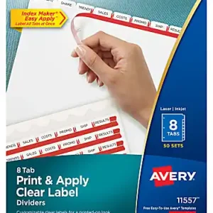 Hassle-Free Returns Avery&reg; Customizable Index Maker&reg; Dividers For 3 Ring Binder, Easy Print & Apply Clear Label Strip, 8 Tab, White, Pack Of 50 Sets