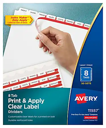 Hassle-Free Returns Avery® Customizable Index Maker® Dividers For 3 Ring Binder, Easy Print & Apply Clear Label Strip, 8 Tab, White, Pack Of 50 Sets