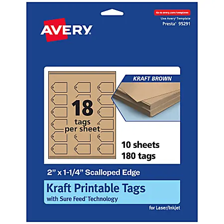 Avery&reg; Printable Tags With Sure Feed&reg; Technology, Print-To-The-Edge, 2"x1.25", Kraft Brown, Pack Of 180 Fresh Stock