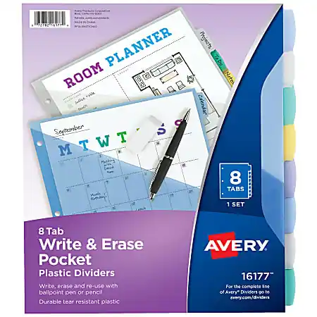 Hot Deal Avery&reg; Write & Erase Pocket Plastic Dividers For 3 Ring Binders, 9-1/4" x 11-1/4", 8-Tab Set, Multicolor, 1 Set