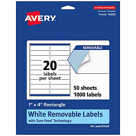 Avery&reg; Removable Labels With Sure Feed&reg;, 94202-RMP50, Rectangle, 1" x 4", White, Pack Of 1,000 Labels In Demand