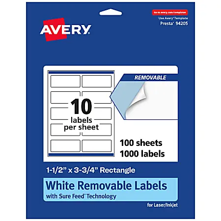 Avery&reg; Removable Labels With Sure Feed&reg;, 94205-RMP100, Rectangle, 1-1/2" x 3-3/4", White, Pack Of 1,000 Labels Original