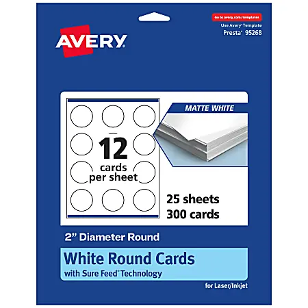 Avery&reg; Printable Business Cards With Sure Feed&reg; Technology, 95268-MWC25, Round, 2" Diameter, Matte White, Pack Of 300 Popular