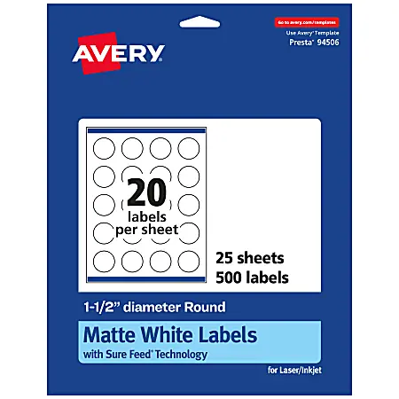 Exclusive Avery&reg; Permanent Labels With Sure Feed&reg;, 94506-WMP25, Round, 1-1/2" Diameter, White, Pack Of 500
