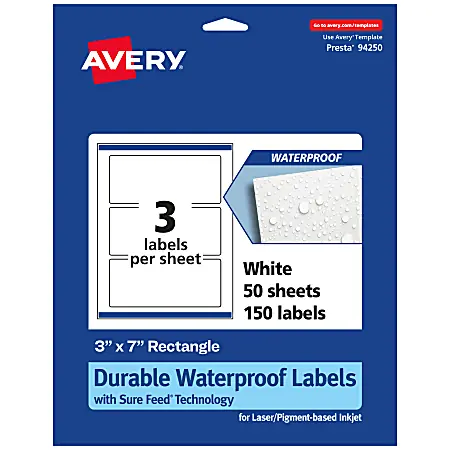 Cheap Avery&reg; Waterproof Permanent Labels With Sure Feed&reg;, 94250-WMF50, Rectangle, 3" x 7", White, Pack Of 150