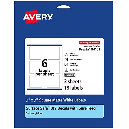Fan Favorite Avery&reg; Durable Removable Labels With Sure Feed&reg;, 94101-DRF3, Square, 3" x 3", White, Pack Of 18