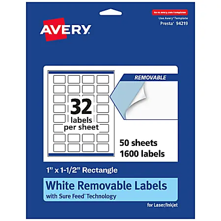Clearance Avery&reg; Removable Labels With Sure Feed&reg;, 94219-RMP50, Rectangle, 1" x 1-1/2", White, Pack Of 1,600 Labels