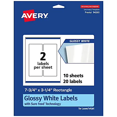 Avery&reg; Glossy Permanent Labels With Sure Feed&reg;, 94260-WGP10, Rectangle, 7-3/4" x 3-1/4", White, Pack Of 20 Special Discount