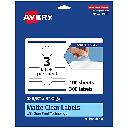 Today Only Avery&reg; Permanent Labels With Sure Feed&reg;, 94117-CMF100, Cigar, 2-3/8" x 8", Matte Clear, Pack Of 300