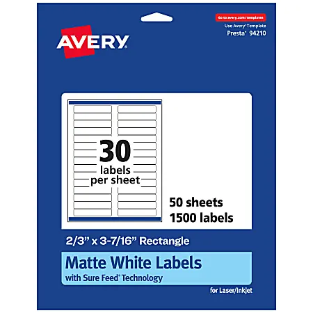 Fan Favorite Avery&reg; Permanent Labels With Sure Feed&reg;, 94210-WMP50, Rectangle, 2/3" x 3-7/16", White, Pack Of 1,500
