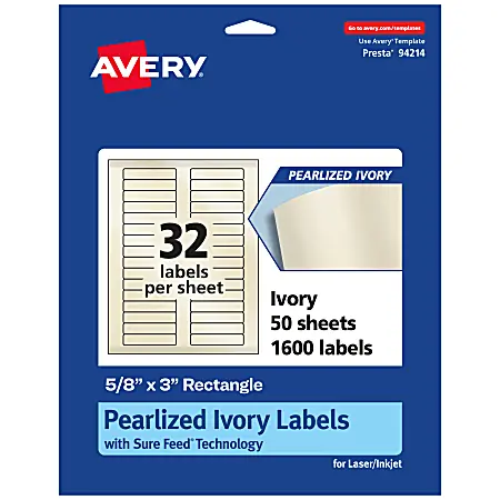 Secure Checkout Avery&reg; Pearlized Permanent Labels With Sure Feed&reg;, 94214-PIP50, Rectangle, 5/8" x 3", Ivory, Pack Of 1,600 Labels