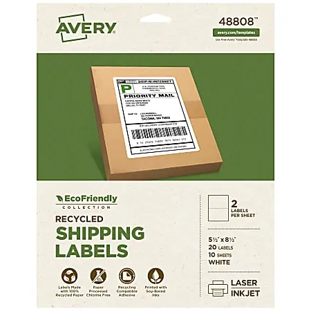 Avery&reg; EcoFriendly Recycled Labels, Rectangle, 5-1/2" x 8-1/2", Matte White, Pack Of 20 Free Shipping