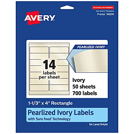 Luxury Avery&reg; Pearlized Permanent Labels With Sure Feed&reg;, 94206-PIP50, Rectangle, 1-1/3" x 4", Ivory, Pack Of 700 Labels
