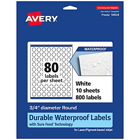 Warranty Included Avery&reg; Waterproof Permanent Labels With Sure Feed&reg;, 94504-WMF10, Round, 3/4" Diameter, White, Pack Of 800