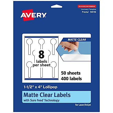 Avery&reg; Permanent Labels With Sure Feed&reg;, 94116-CMF50, Lollipop, 1-1/2" x 4", Matte Clear, Pack Of 400 Clearance