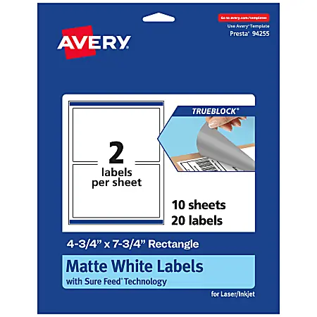 Avery&reg; Print-To-The-Edge TrueBlock&reg; Labels With Sure Feed&reg;, 94255-TWMP10, Rectangle, 4-3/4" x 7-3/4", Matte White, Pack Of 20 Today Only
